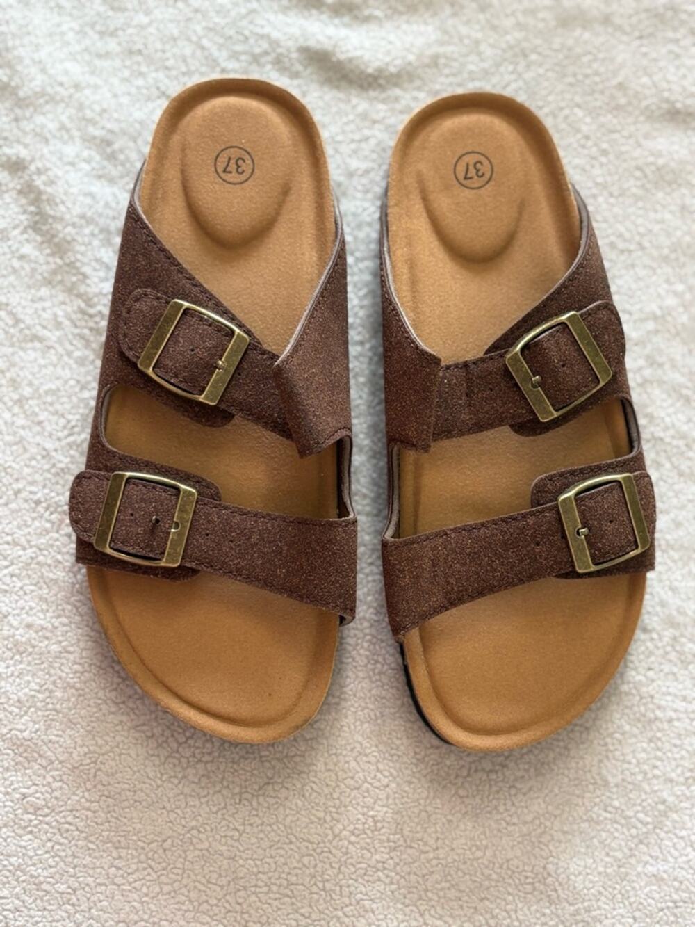 Brown Double Buckle Slide Sandals Comfort Footbed Size 37 US 6 New